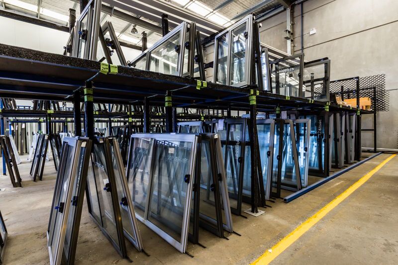 manufactured black frames in aluminium and upvc lined up