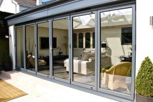 anthracite grey aluminium bifold doors, 6 pane external